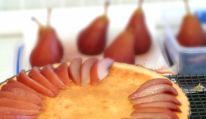 Arranging the poached pears